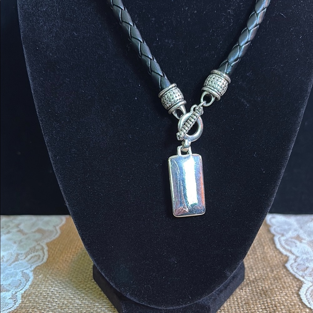 Black Braided Leather Necklace with Silver Pendant